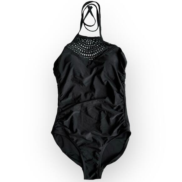 Merona One-Piece Swimsuit Padded Halter Neck Backless Lazer Cut size Small Black - Picture 14 of 15
